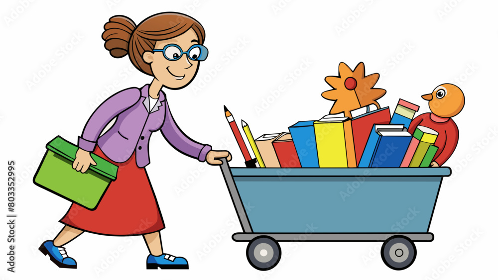 The teacher pushed a cart filled with books art supplies and other materials into the crowded classroom. With her hair in a messy bun and a large tote. Cartoon Vector The teacher pushed a cart filled with books art supplies and other materials into the crowded classroom. With her hair in a messy bun and a large tote. Cartoon Vector