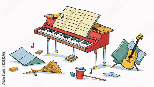 The surface of the piano is littered with sheet music some open and resting on the music stand while others are tered on the keys. A metronome sits on. Cartoon Vector