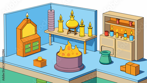 The studio was filled with the sweet scent of beeswax coming from a hot plate in the corner. Shelves lined the walls displaying intricate sculptures. Cartoon Vector