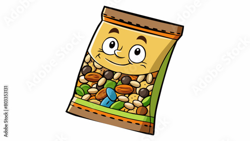 Trail mix A blend of different snacks like peanuts raisins and chocolate chips all of different sizes and shapes found in a resealable bag.. Cartoon Vector