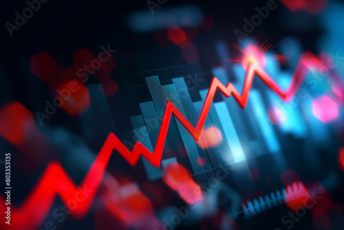 A dynamic financial chart with red and blue lines indicating stock market trends, set against a dark, blurred background with digital elements. fluctuation of financial markets.