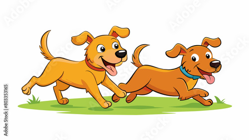 Two dogs playing together in a dog park Two dogs running chasing and tussling with each other in a grassy area. Their body language suggests they are. Cartoon Vector
