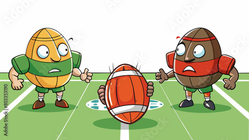 Two opposing teams line up across from each other their focus intense as they wait for the referees whistle. The ball sits in the center of the field. Cartoon Vector