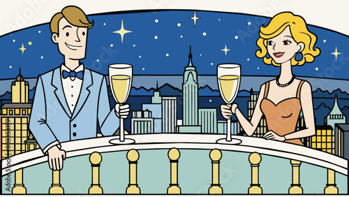Two champagne glasses set on a balcony overlooking the city at night representing a wealthy and luxurious affair between a businessman and his. Cartoon Vector