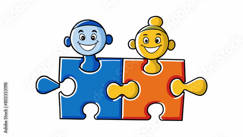 Two puzzle pieces fitting perfectly together symbolizing the complementary association between two individuals or ideas.. Cartoon Vector