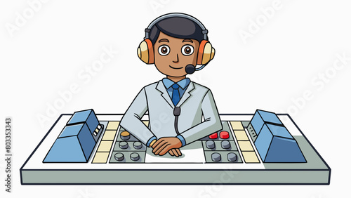 With headphones over their ears the director sat in front of the control panel monitoring every aspect of the production. From adjusting lighting to. Cartoon Vector