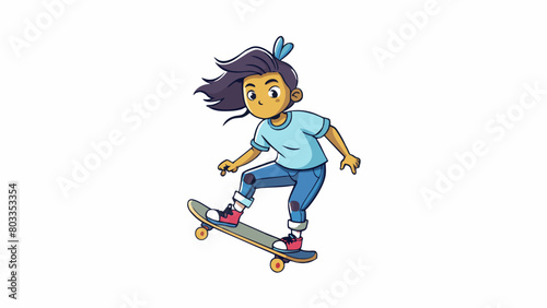 With her skateboard in hand this girl confidently glides through the park with ease her long hair in a messy bun. She wears a graphic tshirt ripped. Cartoon Vector