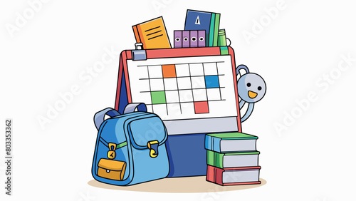 A backpack overflowing with binders notebooks and textbooks with a class schedule hanging on the wall. The student has organized their materials by. Cartoon Vector