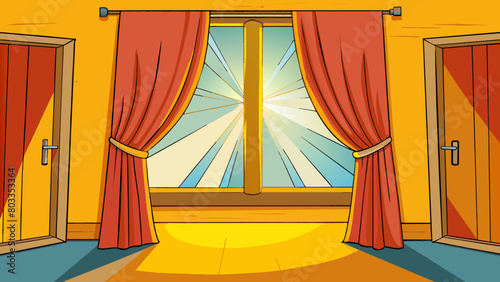 When the curtains were od the outcome was a flood of warm and golden sunlight filling the room.. Cartoon Vector