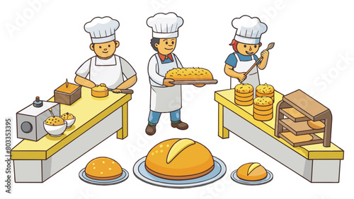 A bakery is filled with the sweet aroma of freshly baked bread as workers carefully knead and shape dough to create various loaves. The production is. Cartoon Vector