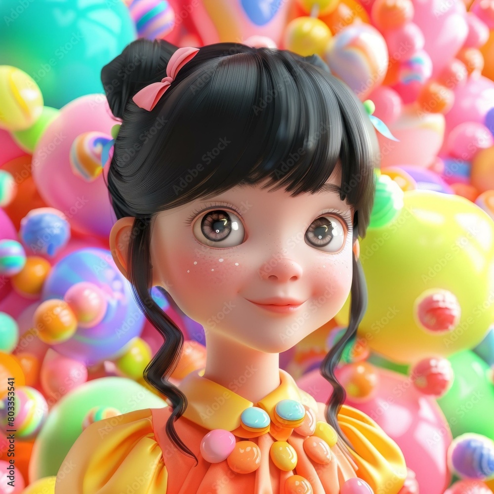 Cheerful cute cartoon girl with colorful balls