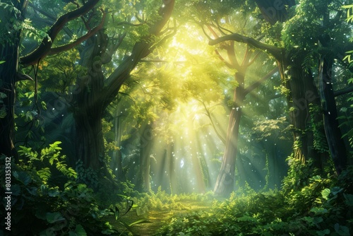 enchanting ancient forest with mysterious and serene ambiance sunlight filtering through dense foliage realistic digital painting