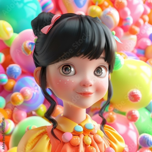 Cheerful cute cartoon girl with colorful balls