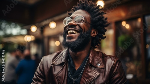 Portrait of a joyful African-American man with beard wearing brown leather jacket and glasses © duyina1990
