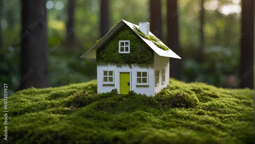 A small white house sits on a bed of green moss in a lush sunlit forest.
A small white house sits on a bed of green moss in a lush sunlit forest.