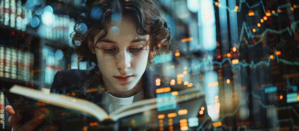 Young man reading a book, double exposure with stock market graphs. Concept of financial education and learning Young man reading a book, double exposure with stock market graphs. Concept of financial education and learning