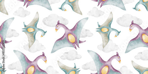 Cute dinosaur flying in clouds. Hand drawn watercolor seamless pattern of dino. Kids background of pterodactylus for children's invitation cards, baby shower, decoration of kid's rooms