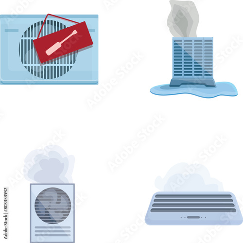 Air conditioner icons set cartoon vector. Broken ventilation system. Repair maintenance