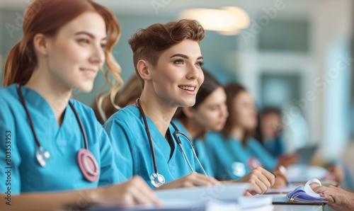 A group of diverse medical students sitting in a classroom
