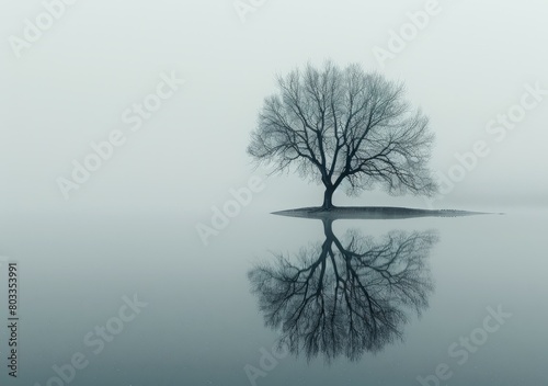 A Tree in the Middle of a Lake with Fog in the Background