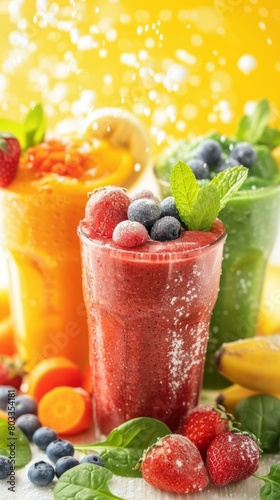 Three glasses of fresh fruit smoothies with ingredients