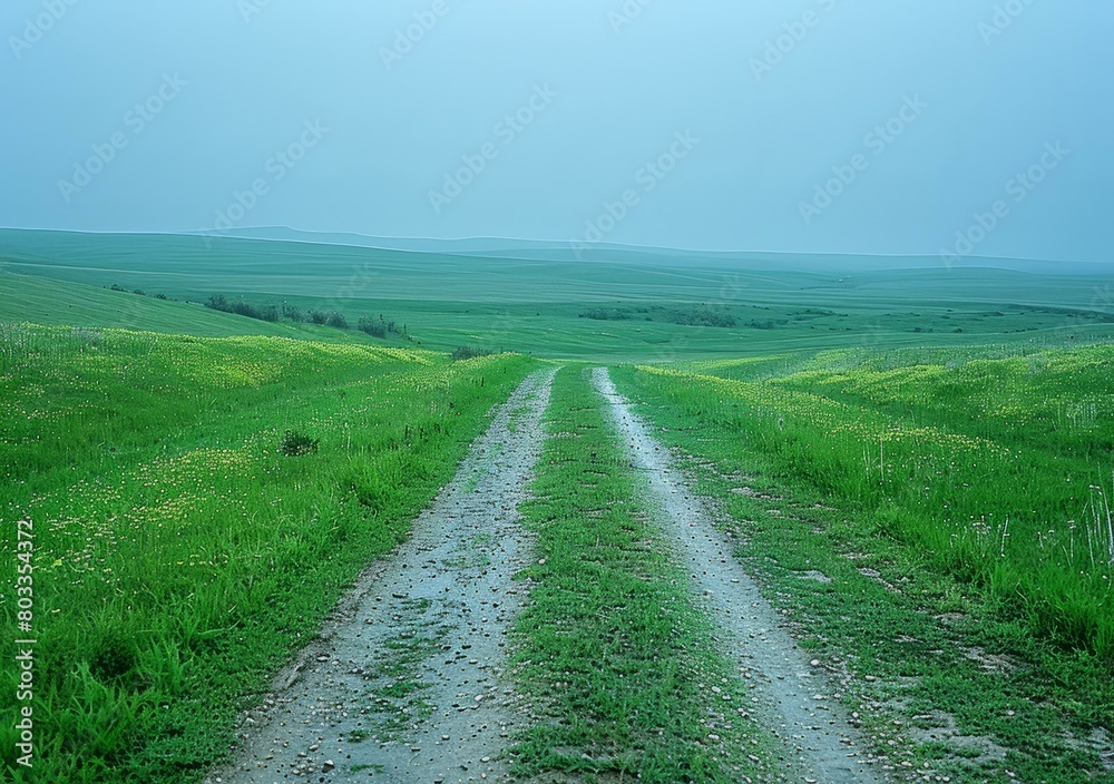 Dirt road through a lush green grassy field