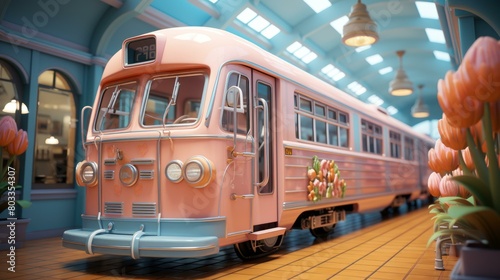 A pink and blue retro tram in a station