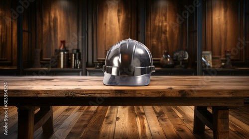 Silver hard hat on a wooden table with a wood background photo