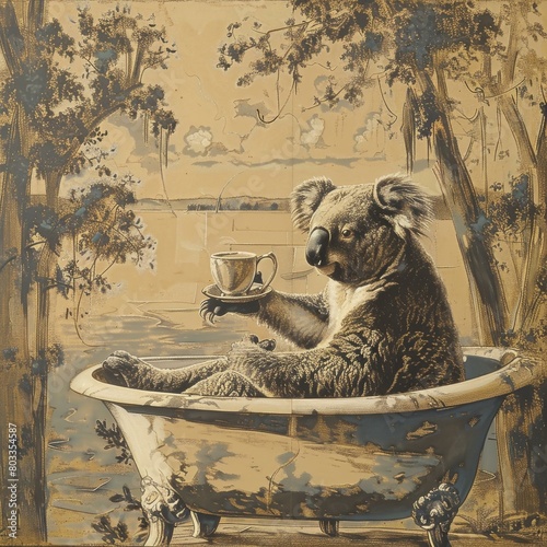 A whimsical illustration of a pensive koala having a relaxing soak in a bathtub in the middle of a eucalyptus forest photo