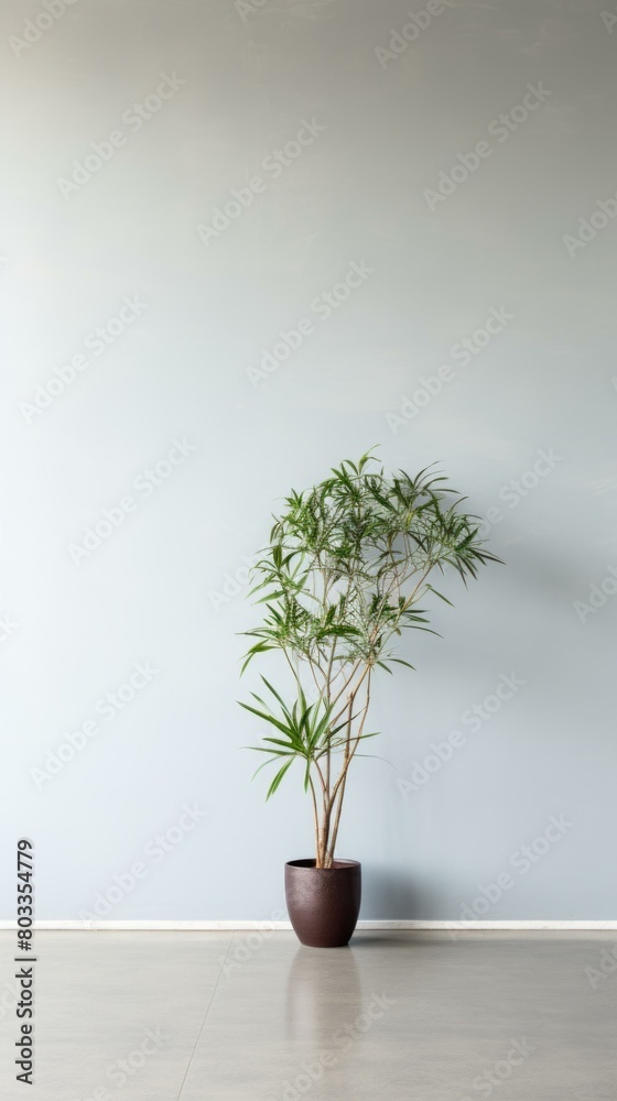 A potted plant sits in front of a solid blue background.