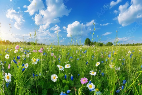 Field of flowers under a blue sky photo