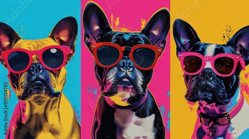 Three French bulldogs wearing sunglasses in front of a colorful background