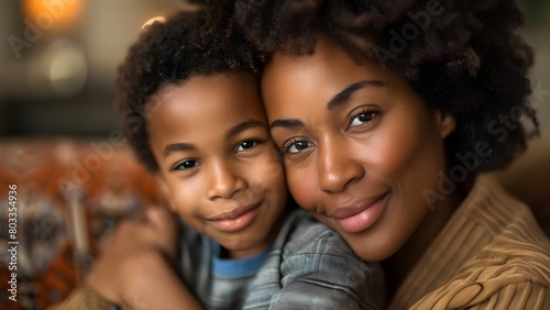 A black mother and son share a tender loving embrace together. Concept Family Bonding, Emotional Connection, Intimate Moments