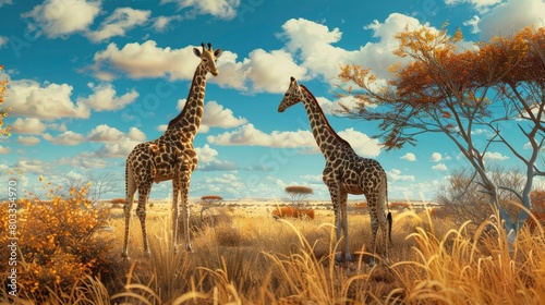 Giraffes stand against the backdrop of savannah nature  beautiful sunset lighting. Animals in the wild