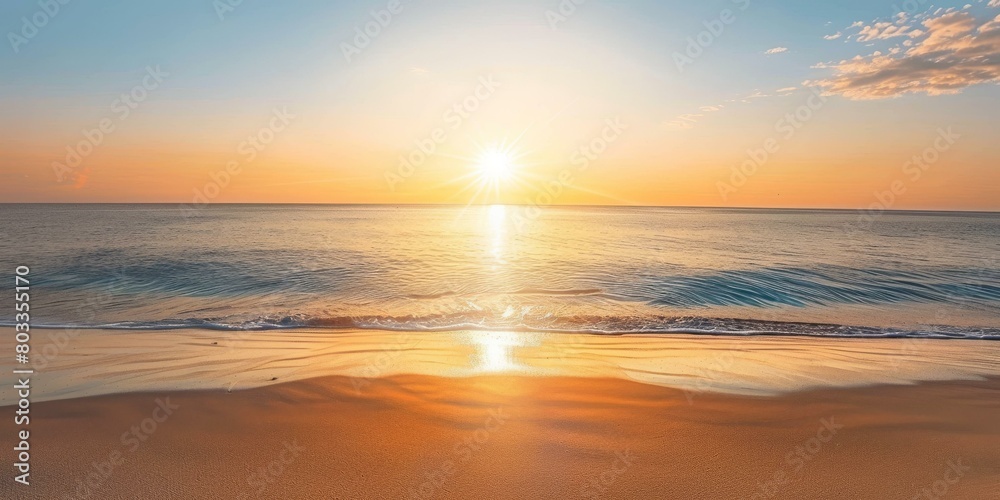 Beach sunset landscape with bright sunlight reflecting off the ocean waves