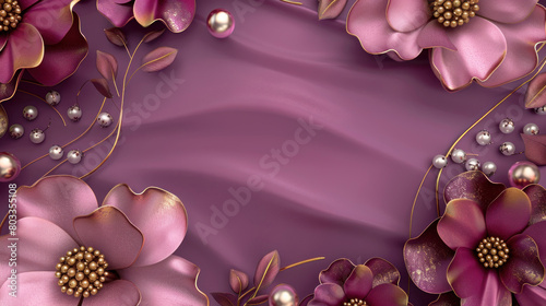 Beautiful 3D purple pink flower with golden touch and pearls on wavy decorative background as wallpaper illustration, Elegant backdrop with copy space	