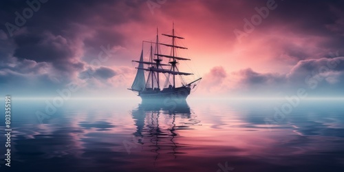 A majestic tall ship sails on a calm sea at sunset photo