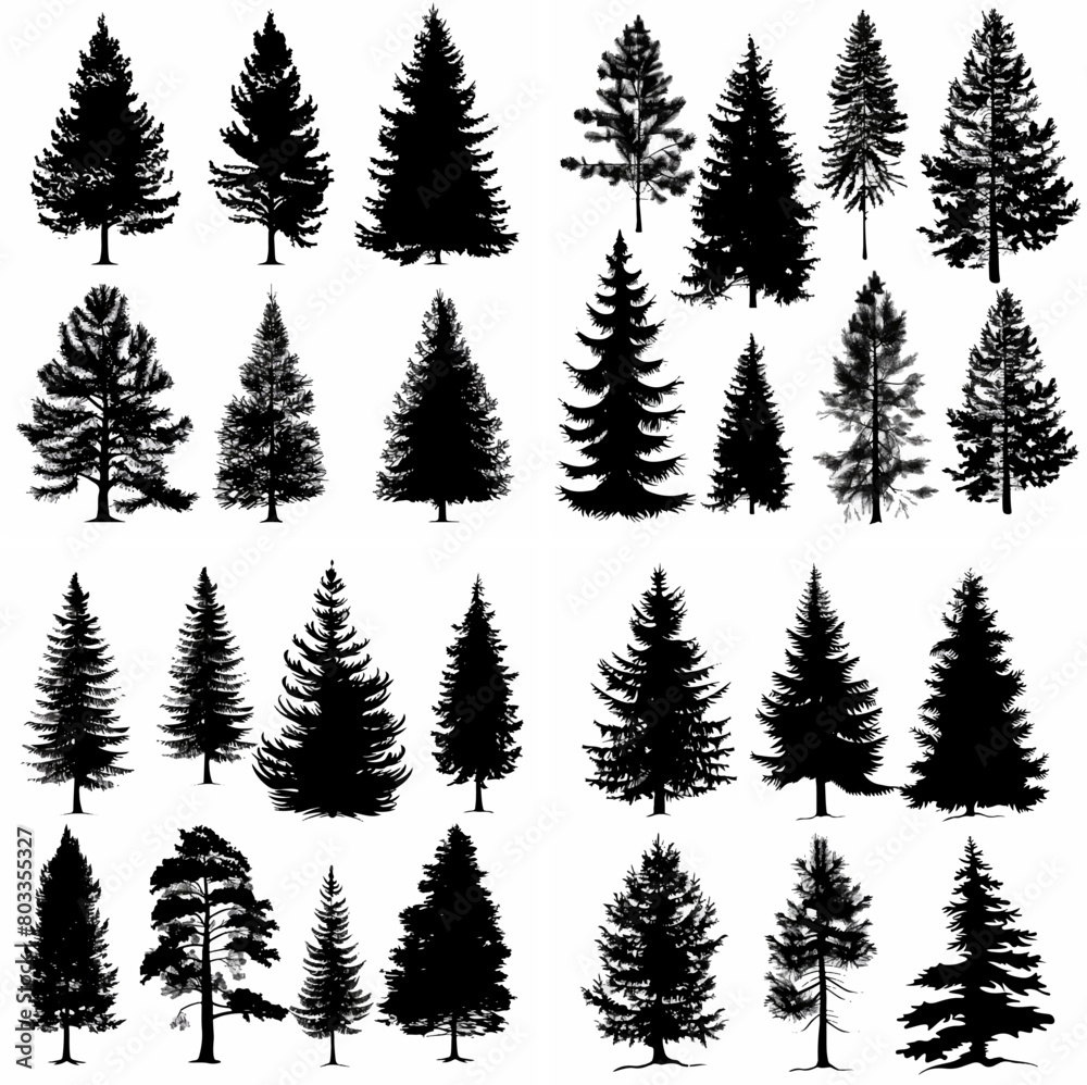 Obraz premium black tree silhouette set pure badge eco outline recreation breath emblem label protection graphic pine trunk woodland