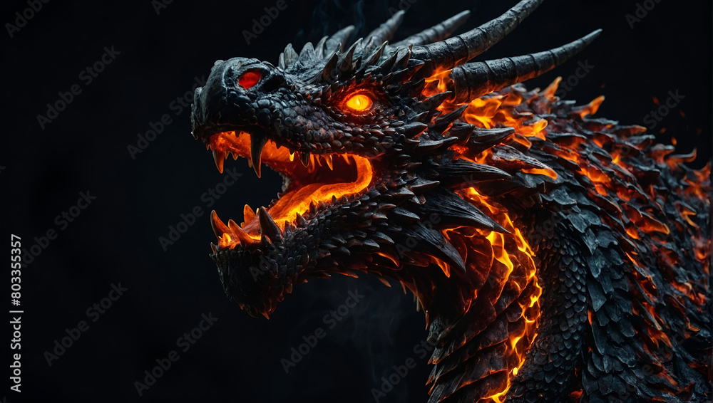 The image shows a black dragon's head with glowing red The image shows a black dragon's head with glowing red