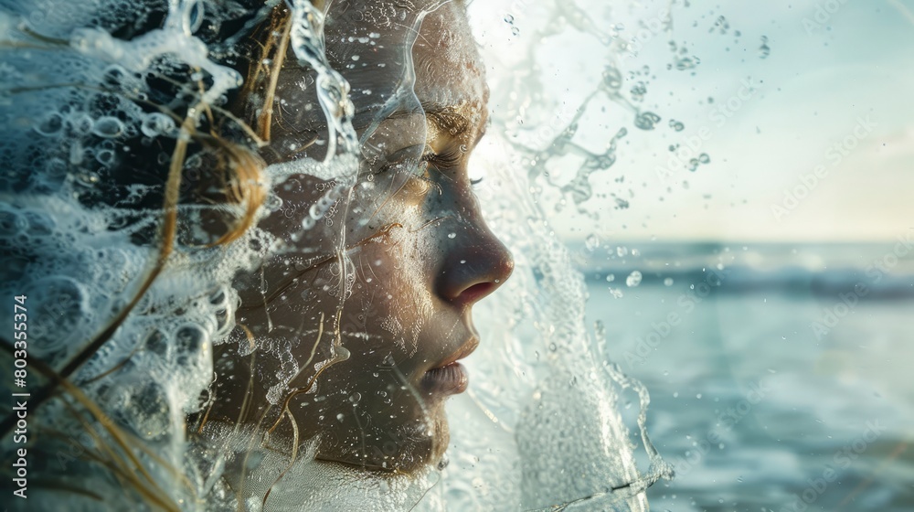Waves in the head. Double exposure of a woman's head and sea or ocean waves. Creative concept of beauty, feminine energy, awakening, purity of thoughts