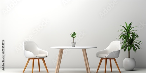 Modern white interior with wooden table  chairs and plants. Vector illustration.