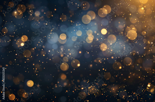 Ethereal golden bokeh lights on a deep blue backdrop, creating a magical and dreamlike atmosphere.
