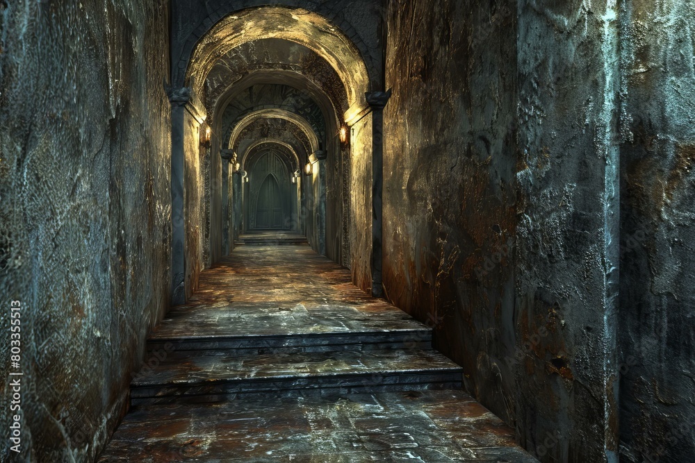 Gloomy dungeon corridor with stone walls and arched openings Gloomy dungeon corridor with stone walls and arched openings