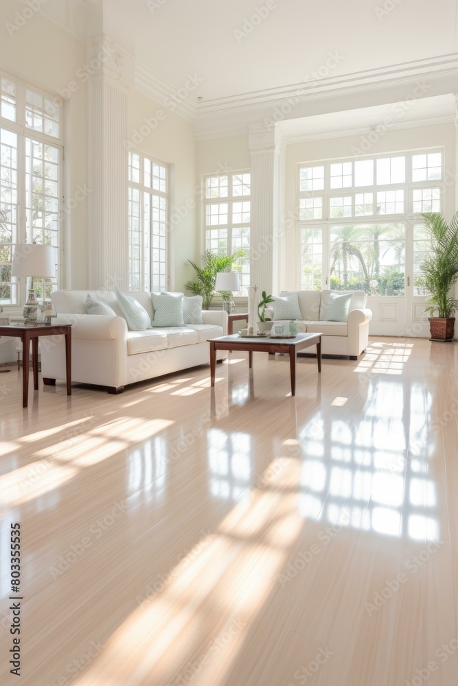 Fototapeta premium Bright and Airy Living Room with White Walls and Large Windows