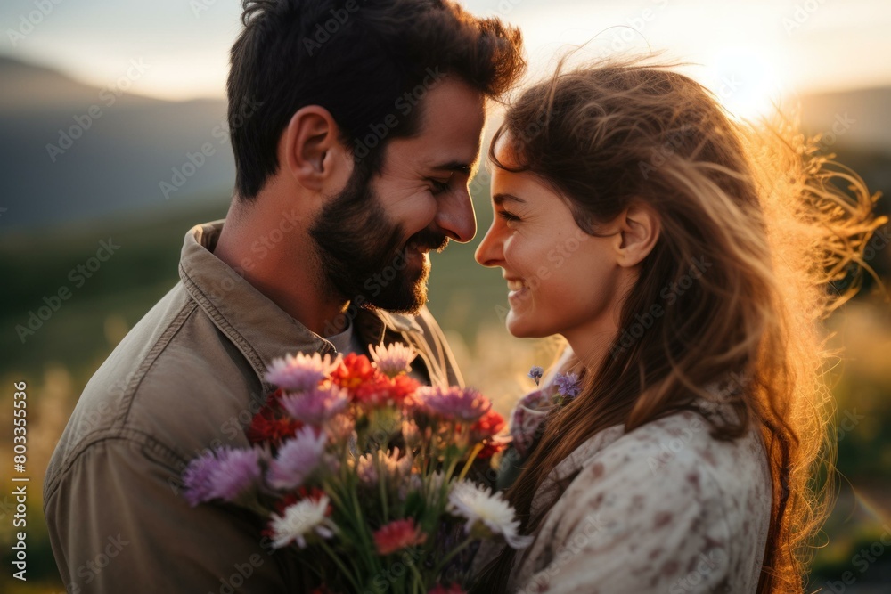 A man and a woman are standing in a field of flowers, smiling at each other. A man and a woman are standing in a field of flowers, smiling at each other.
