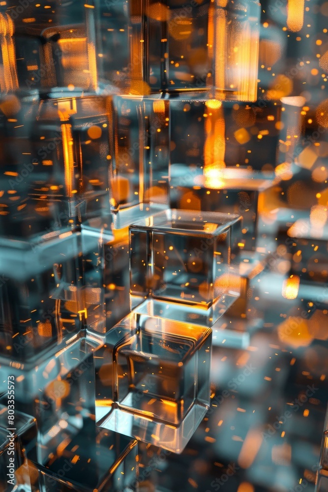 Abstract 3D rendering of glowing glass cubes with particles floating around