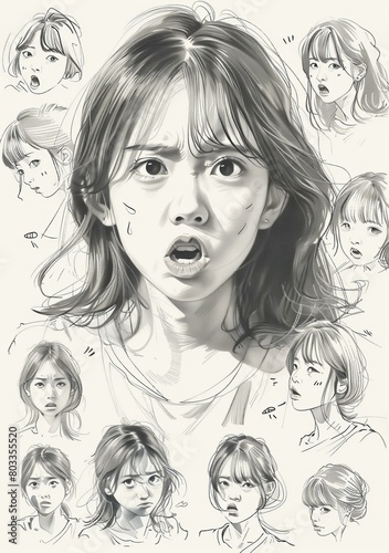 Black and white portrait of a young woman with various expressions