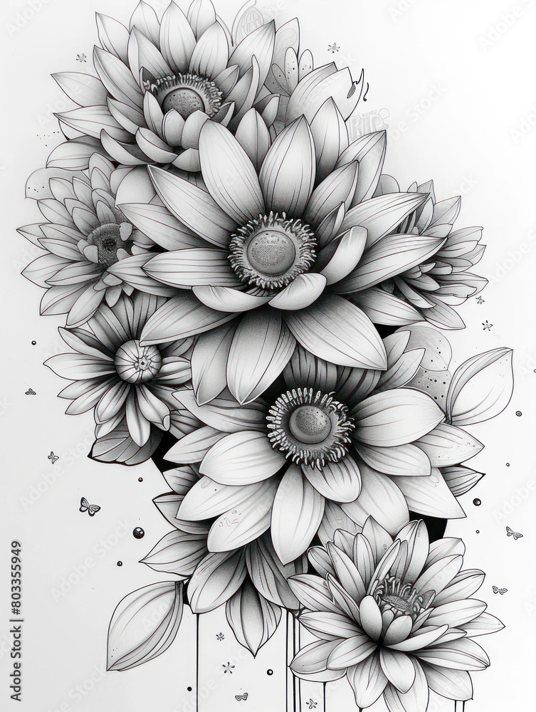 Black and white drawing of a bouquet of flowers Black and white drawing of a bouquet of flowers