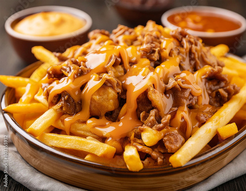 Loaded Poutine with fries, cheese, gravy, and pulled pork, comfort food. photo