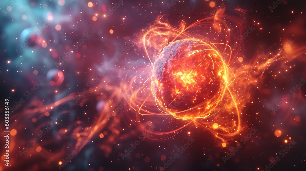 Visualize a dynamic atomic scene with electrons moving at high speeds around multi-colored nuclei, depicted in a vivid, abstract style that highlights the beauty of atomic structures. Visualize a dynamic atomic scene with electrons moving at high speeds around multi-colored nuclei, depicted in a vivid, abstract style that highlights the beauty of atomic structures.